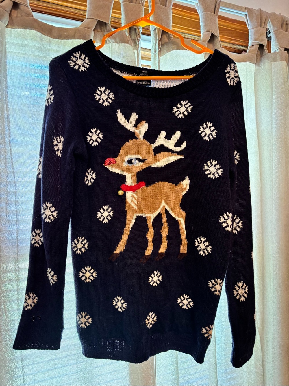 Rue21 Navy Reindeer Crewneck Sweater with White Snowflakes
